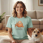 Light blue t-shirt with a cartoon dog in a pumpkin and "Hello Pumpkin" text.