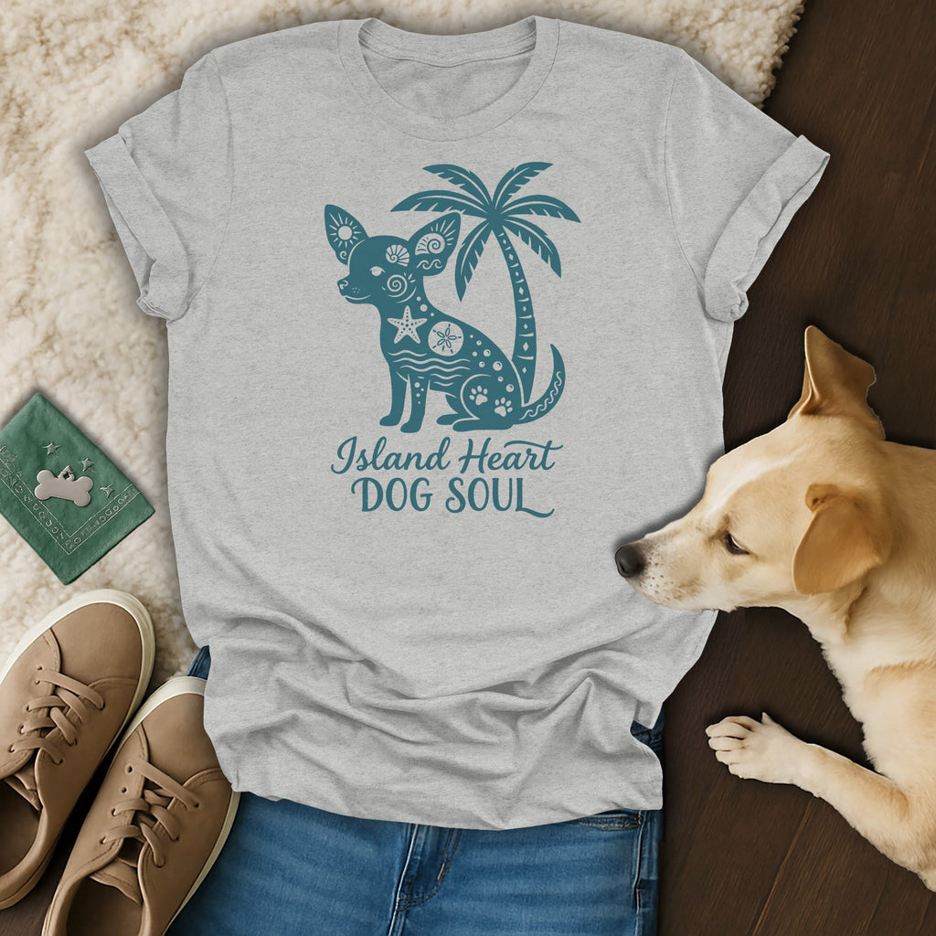 Grey t-shirt with teal chihuahua and palm tree graphic, reading "Island Heart DOG SOUL".