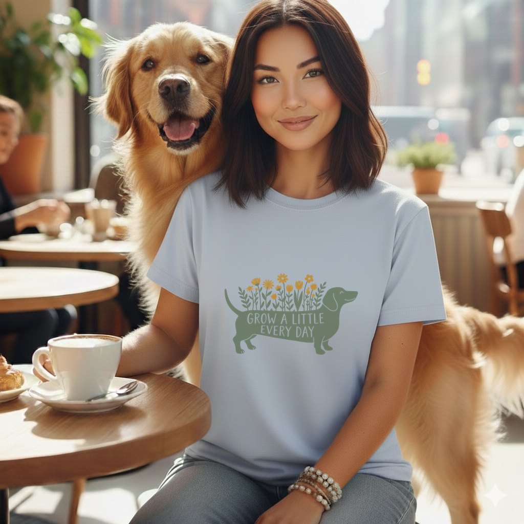 A woman wearing a light blue t-shirt with a dachshund graphic sits at a cafe table with a golden retriever.