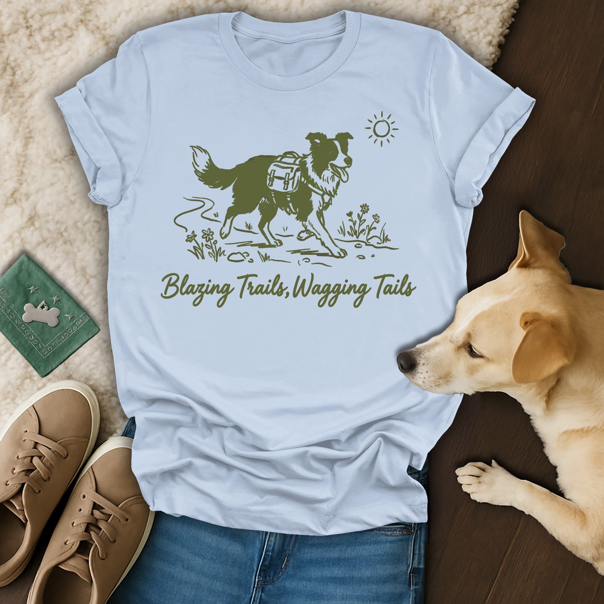 Light blue t-shirt with a dog and backpack graphic and "Blazing Trails, Wagging Tails" text.