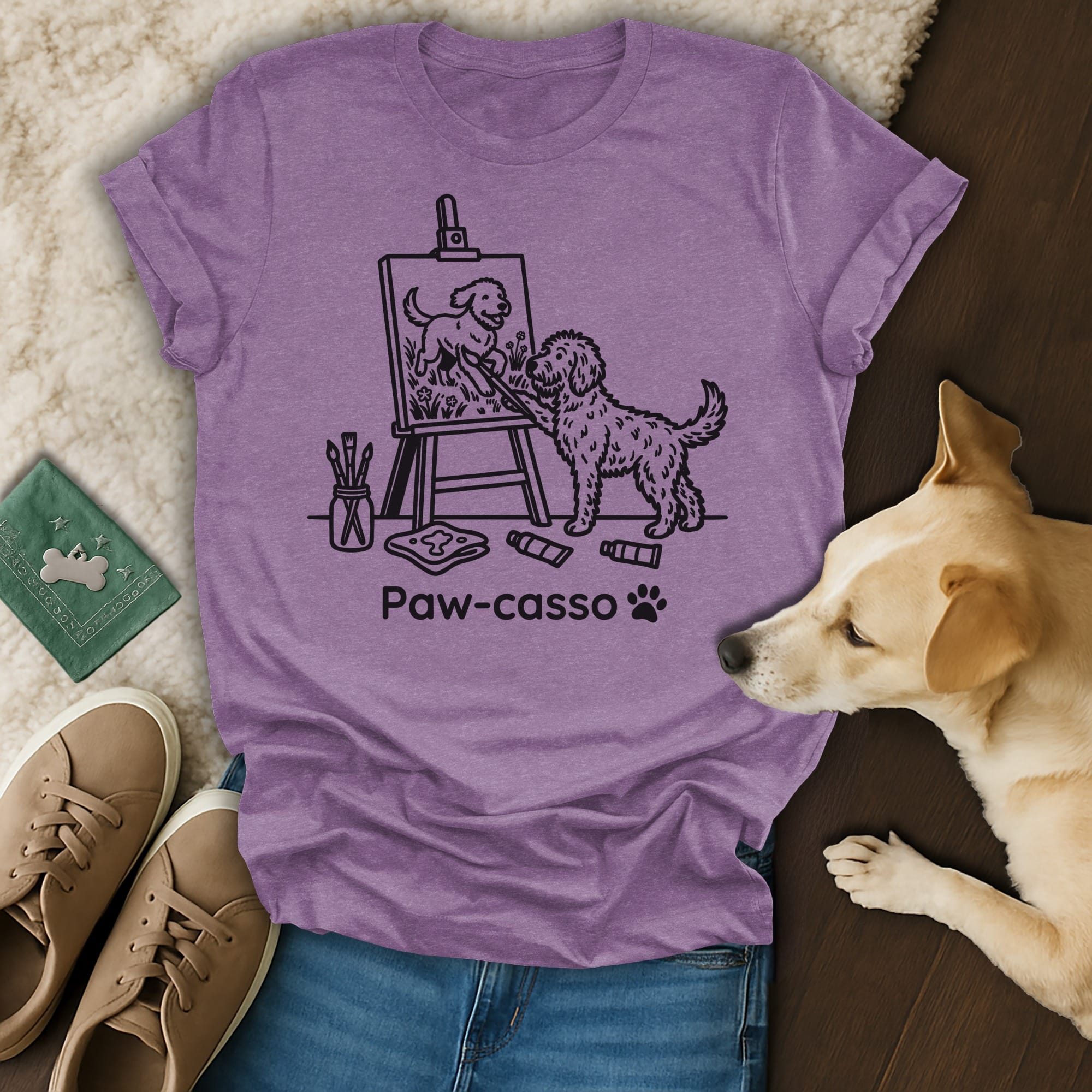 T-shirt graphic of a dog painting a happy dog on an easel.