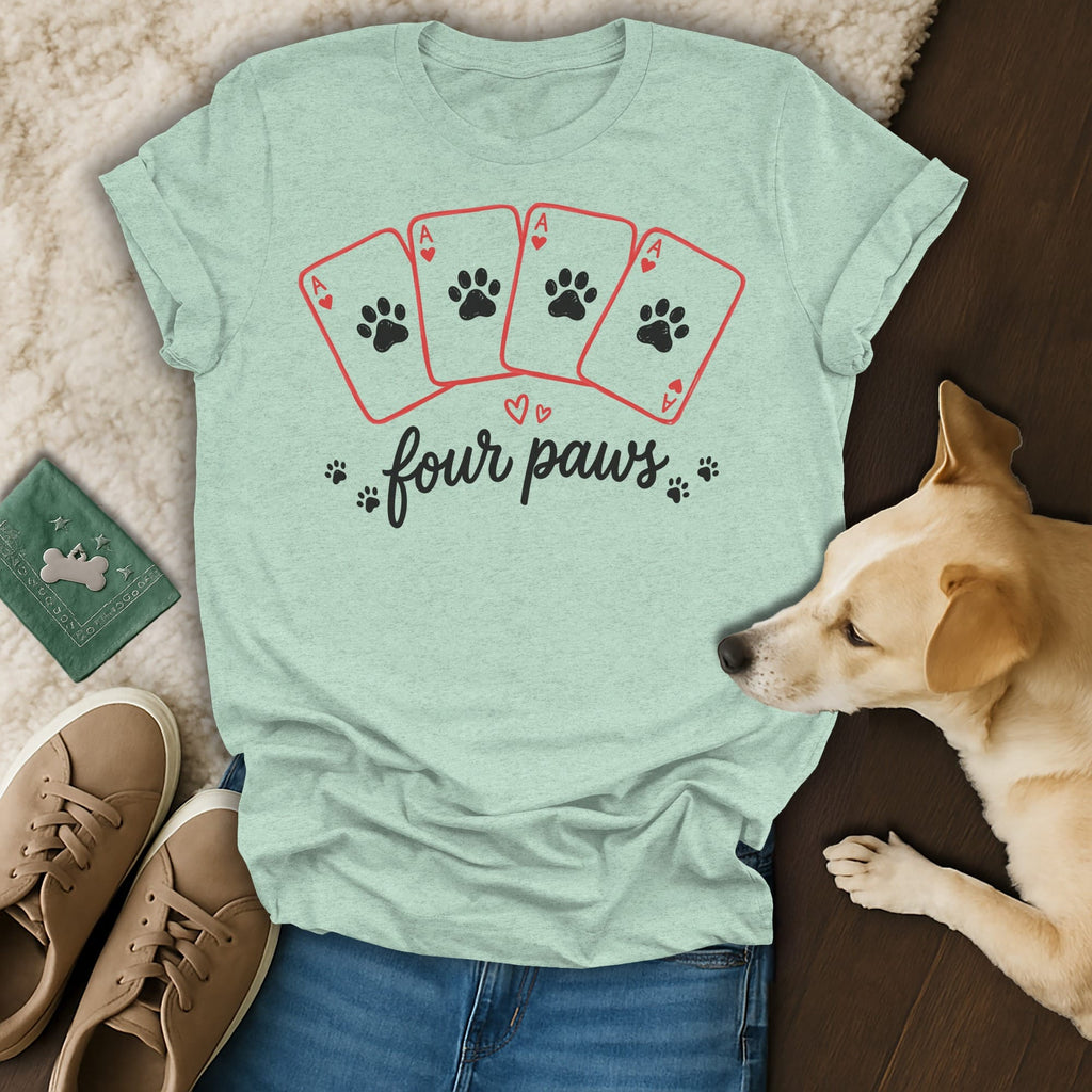 Light blue t-shirt with four aces featuring paw prints and the text "four paws".