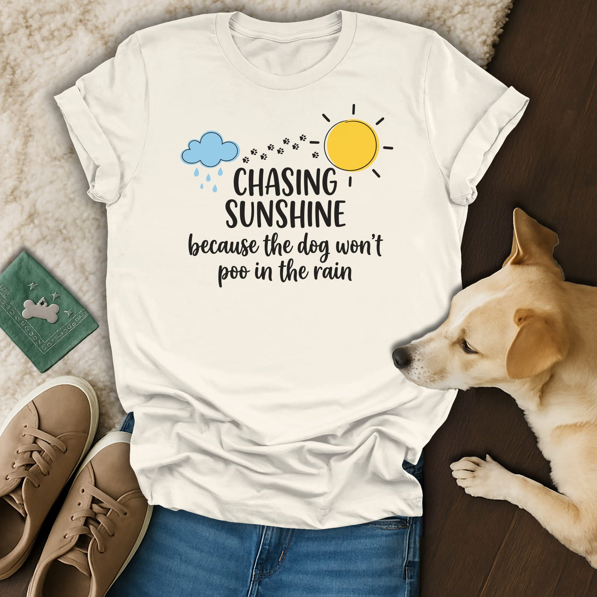 White t-shirt with "Chasing Sunshine" text and dog-themed graphic.