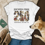 Founding Fidos t-shirt with beagle pups in historical scenes, celebrating 250 years of independence.