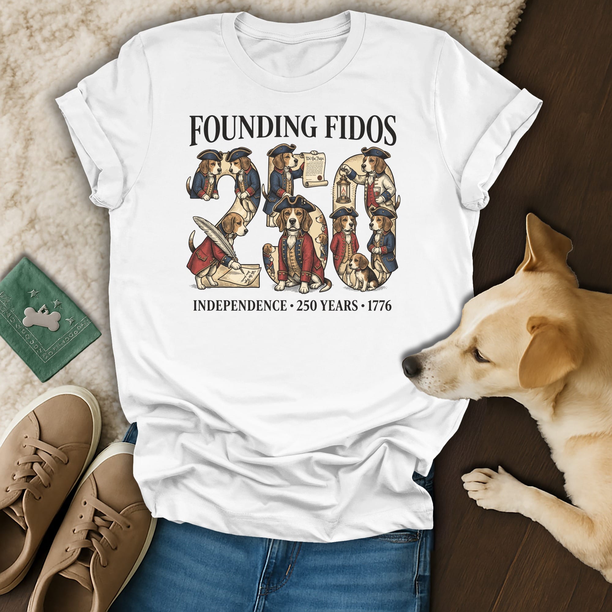 Founding Fidos t-shirt with beagle pups in historical scenes, celebrating 250 years of independence.