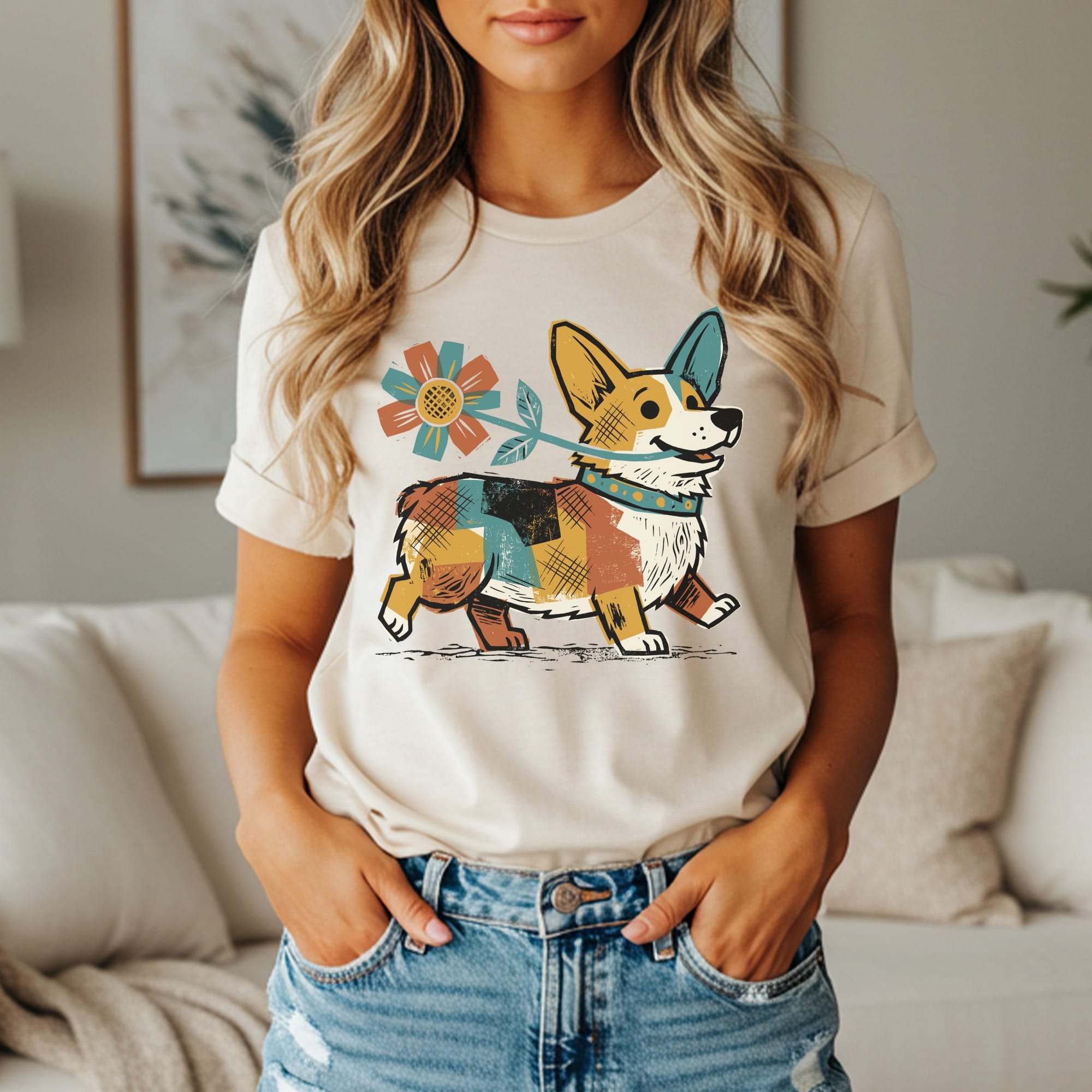Cream t-shirt with a stylized corgi holding a flower, wearing a plaid bandana.