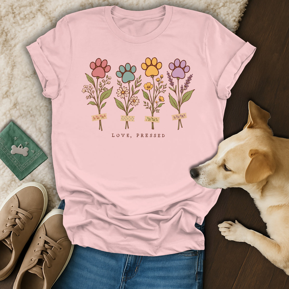 A light pink t-shirt with a floral paw print graphic, surrounded by a dog, jeans, and shoes.