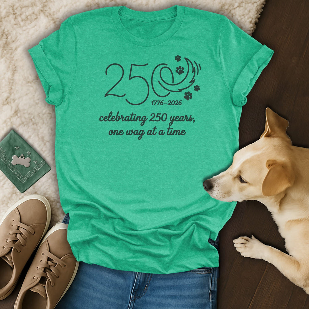 Turquoise t-shirt with "250 years, one wag at a time" text and paw print graphic.