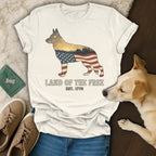 T-shirt with German Shepherd outline filled with US flag and patriotic landscape.