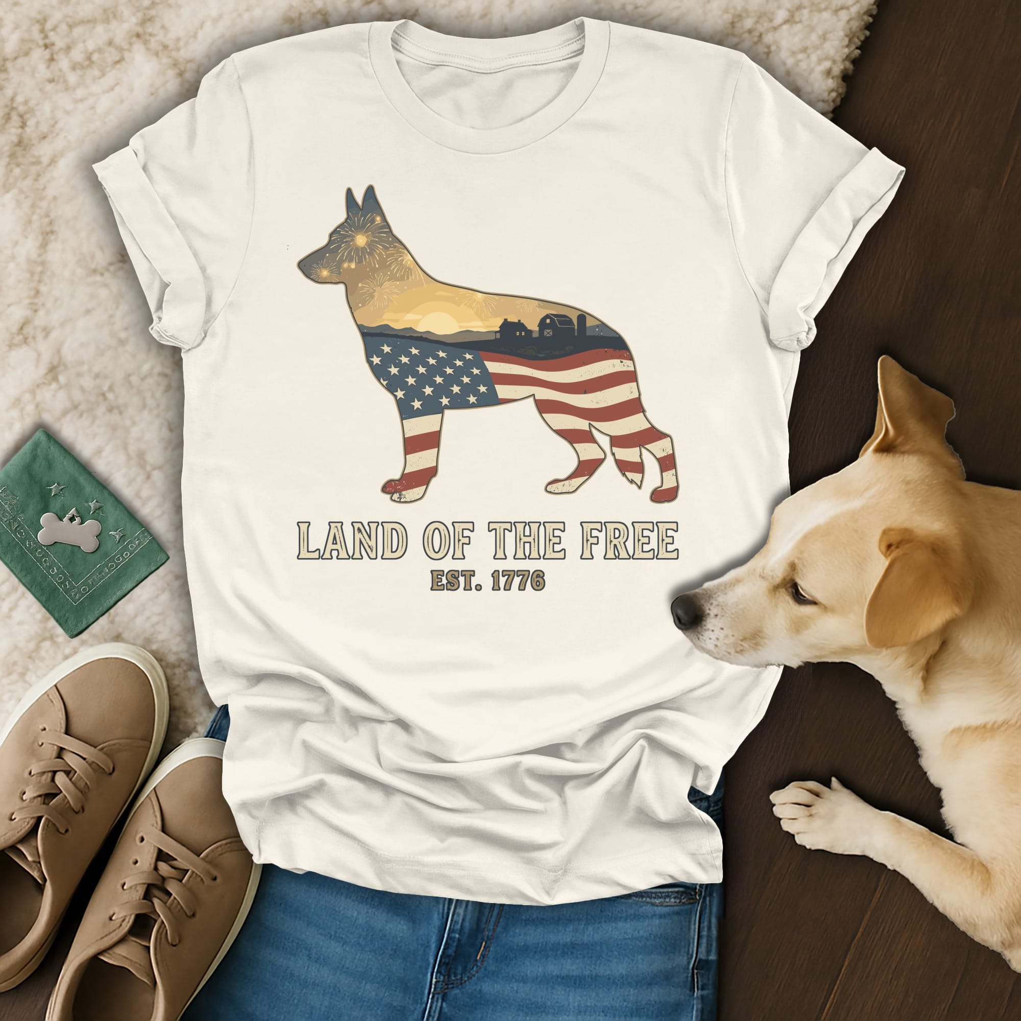 T-shirt with German Shepherd outline filled with US flag and patriotic landscape.