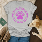 Grey t-shirt with pink paw print circle saying "best friends have paws".