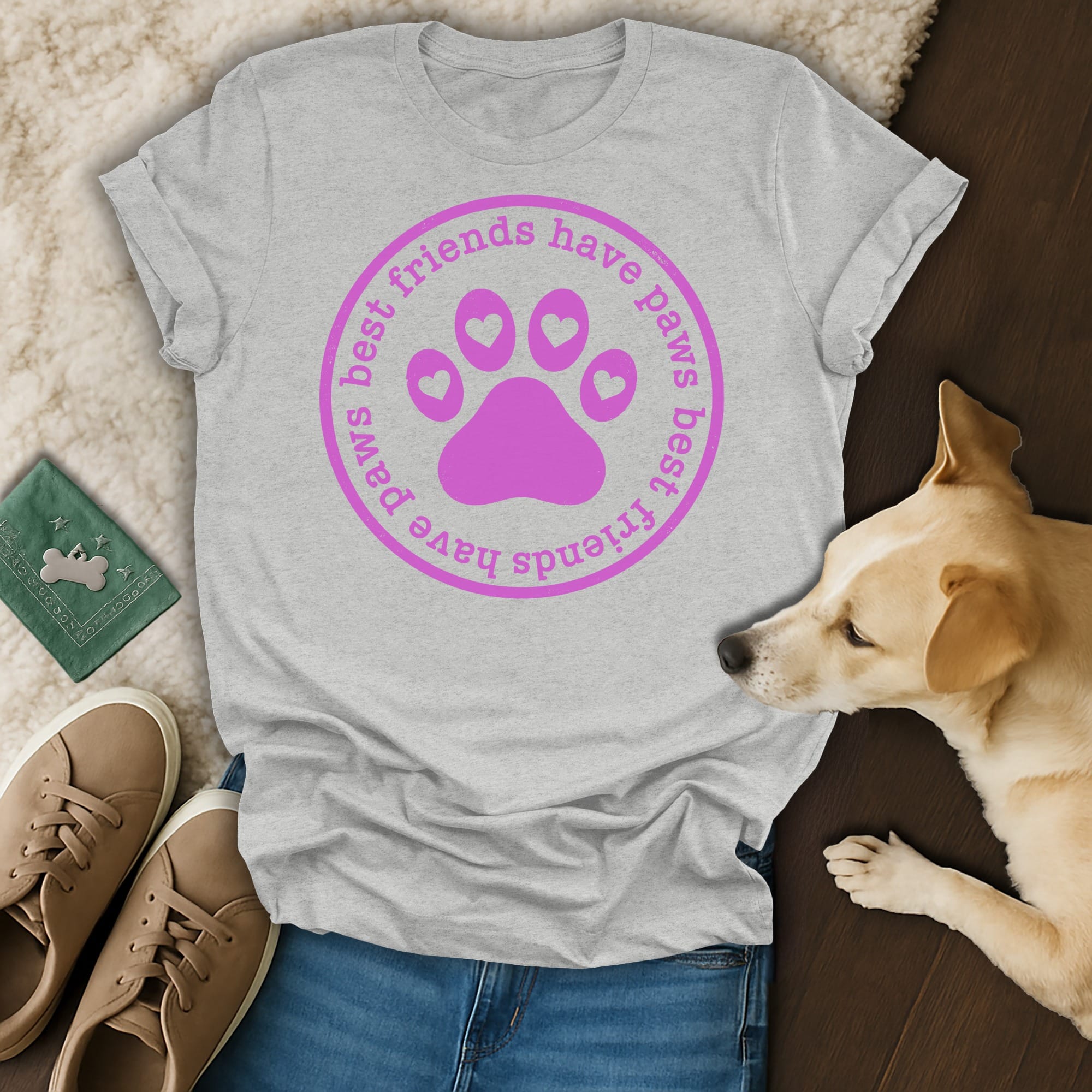 Grey t-shirt with pink paw print circle saying "best friends have paws".