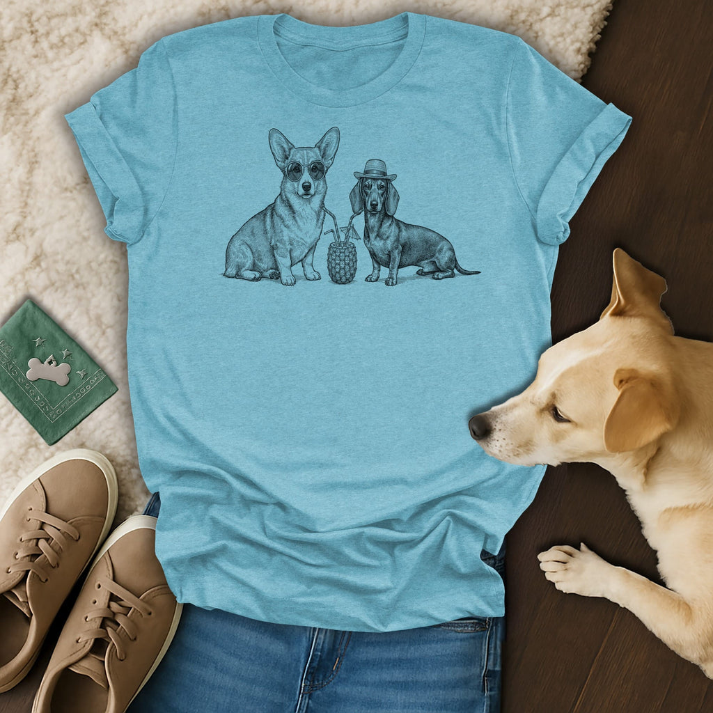 Corgi and dachshund wearing hats, holding a pineapple drink.