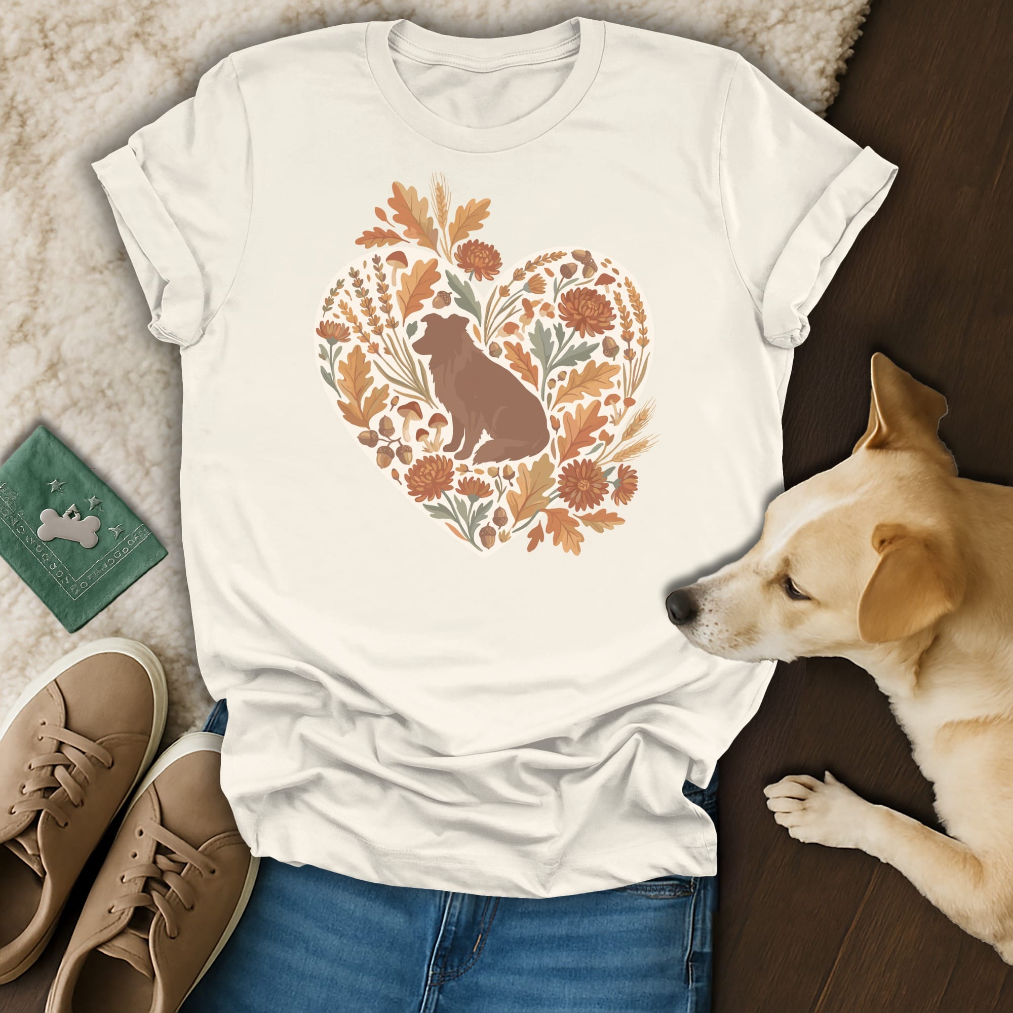 Cream t-shirt with brown dog and autumn foliage heart graphic.