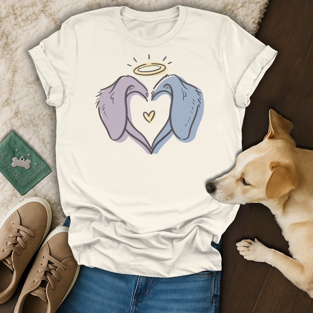 White t-shirt with purple and blue dog ears forming a heart with halo.