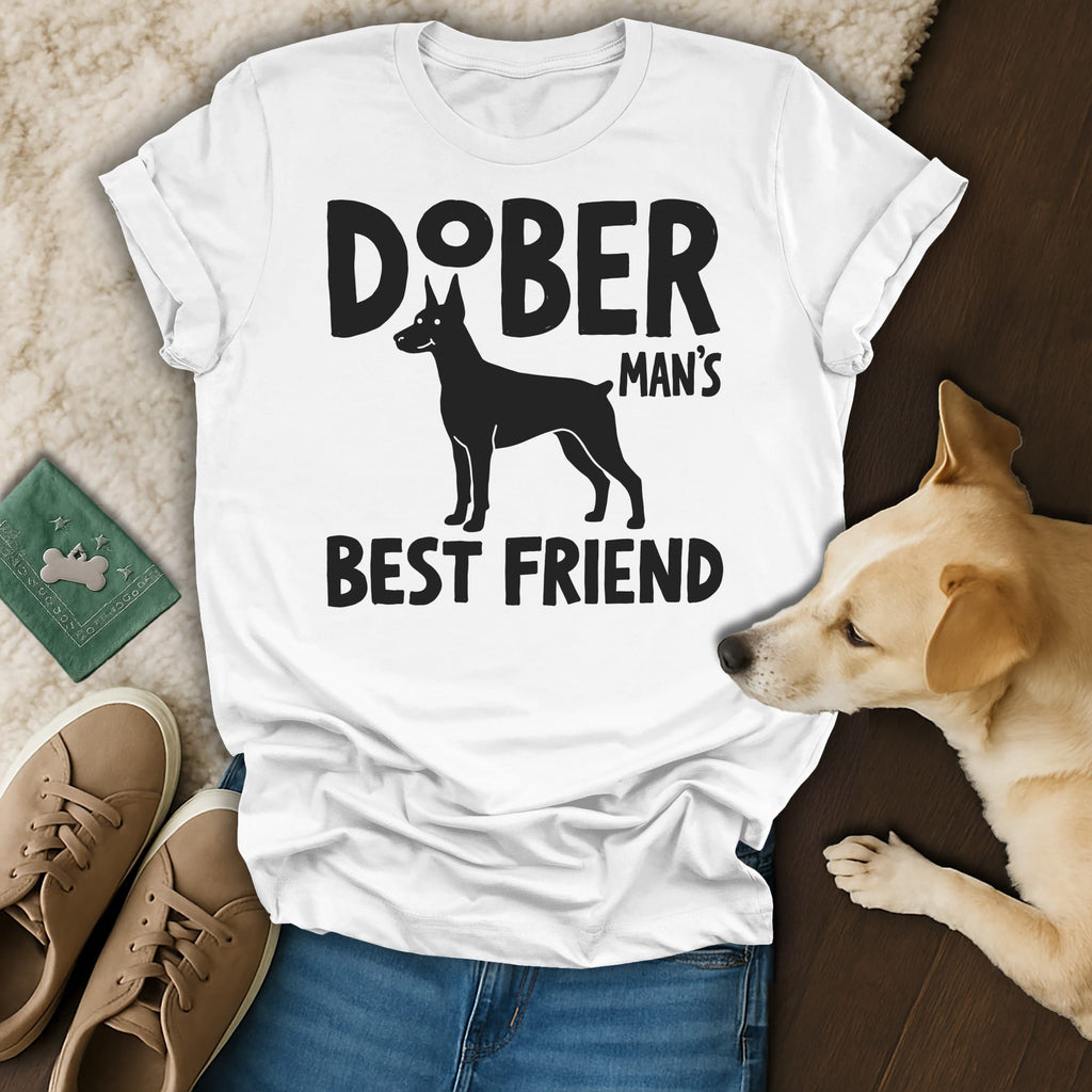 White t-shirt with black Doberman and text "Doberman Man's Best Friend".