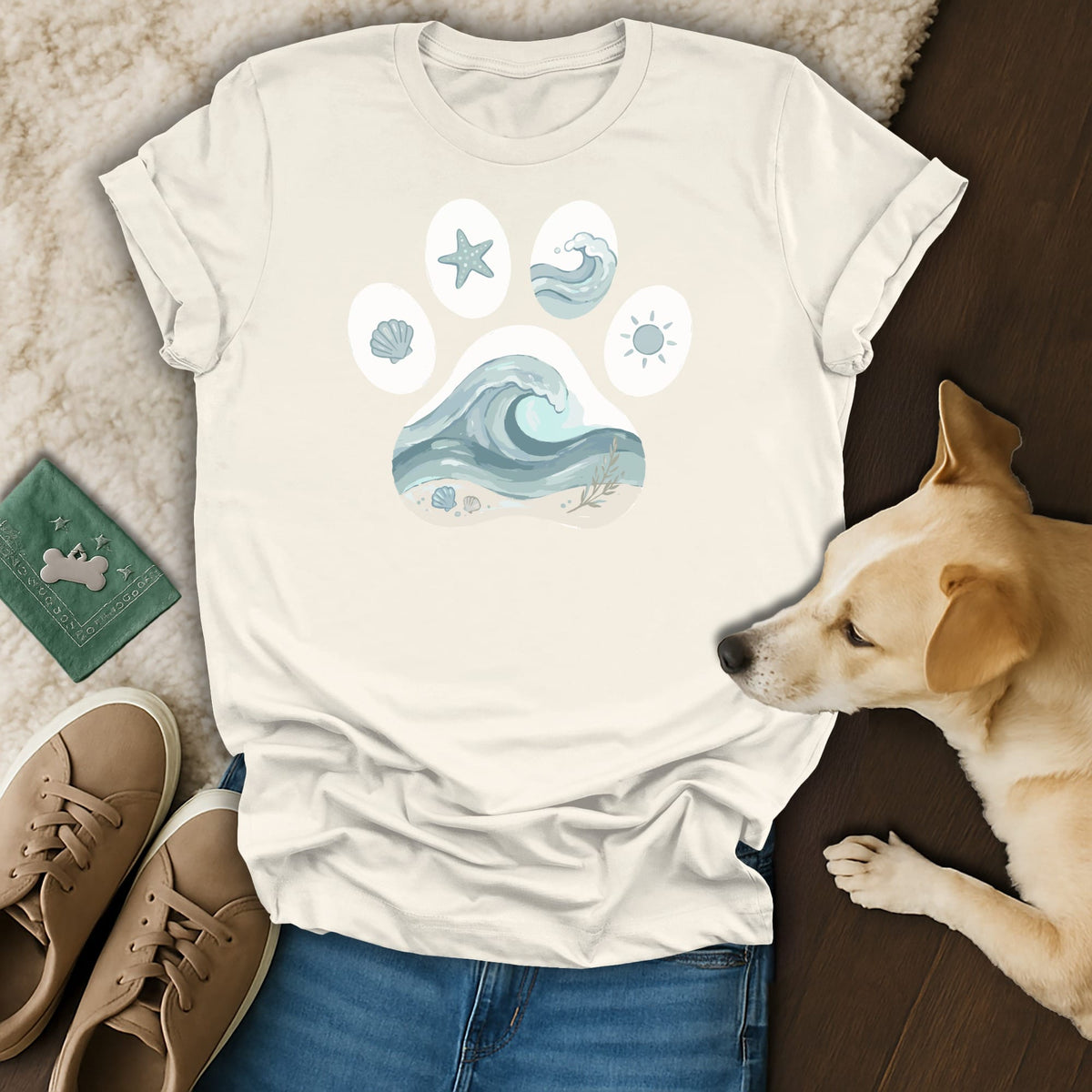 Cream t-shirt with a dog paw print design of ocean waves and shells.