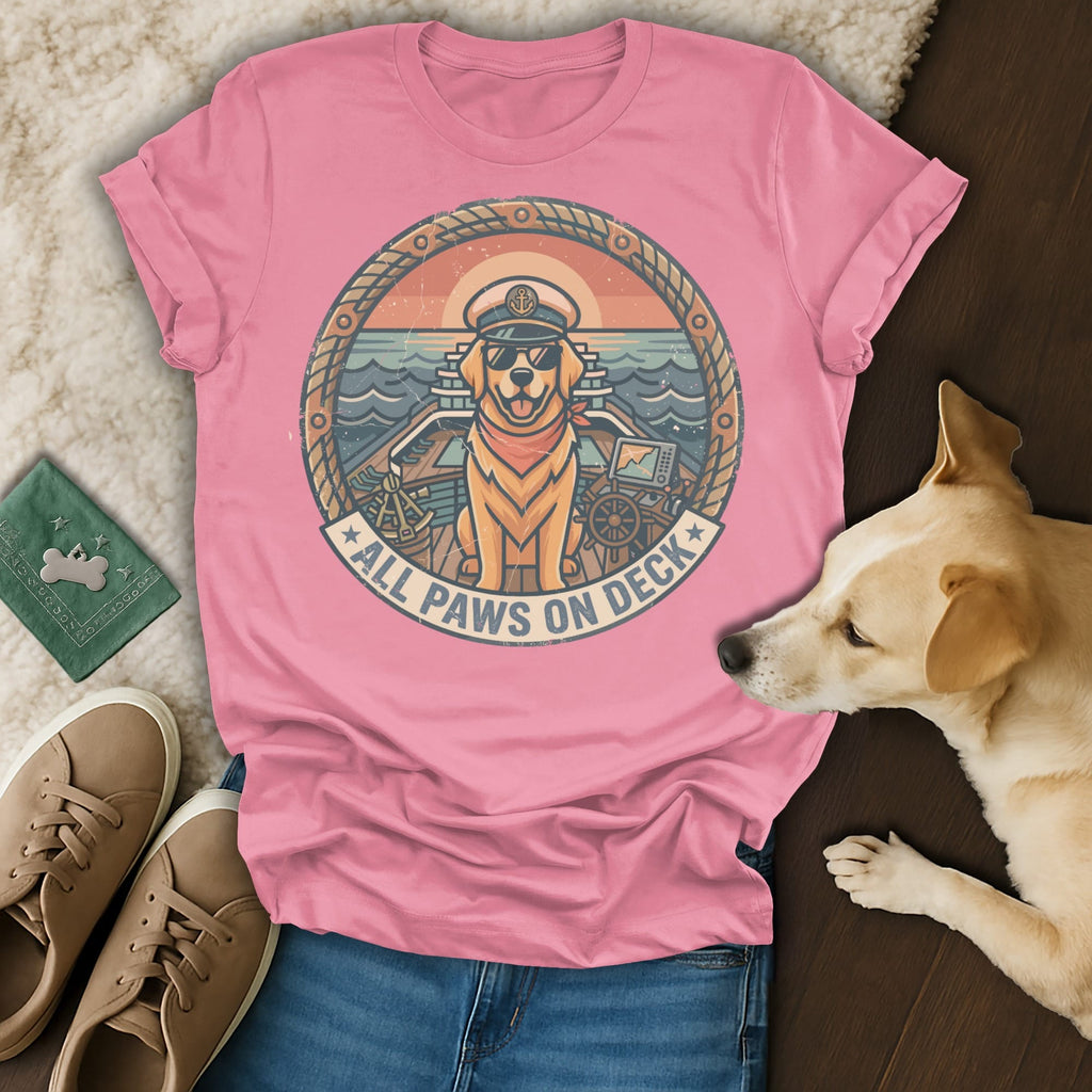 Pink t-shirt with "All Paws On Deck" text and golden retriever captain graphic.