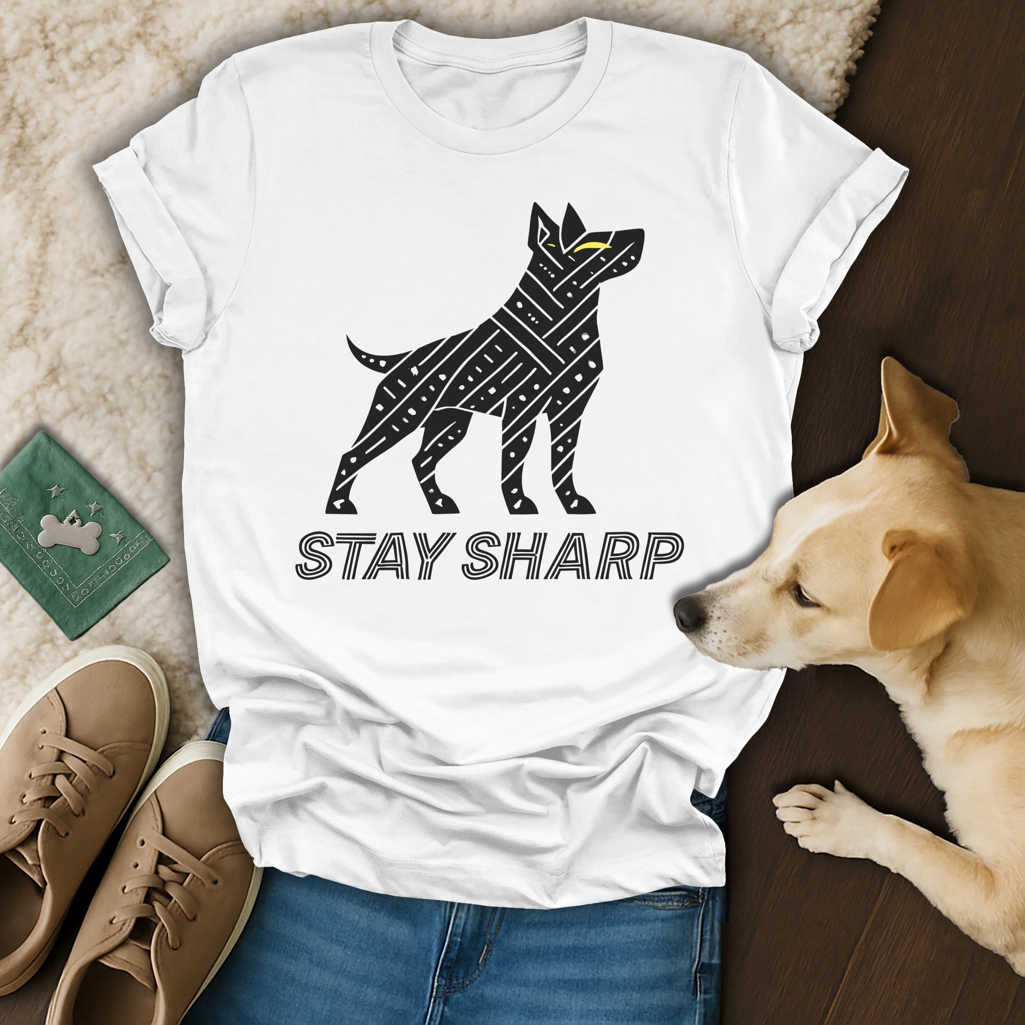 Stay Sharp Dog Silhouette Graphic White T-shirt