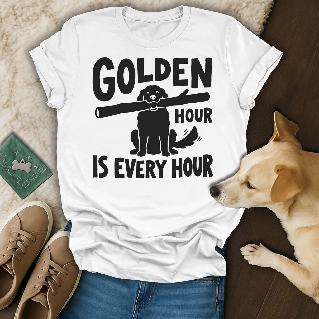 White t-shirt with "Golden Hour is Every Hour" and dog silhouette holding stick.