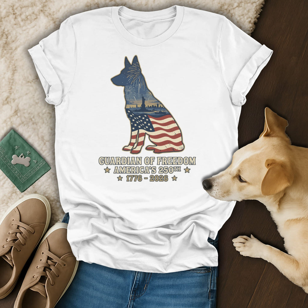 White t-shirt with American flag dog silhouette and patriotic text.