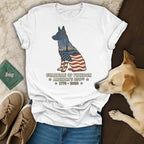 White t-shirt with American flag dog silhouette and patriotic text.