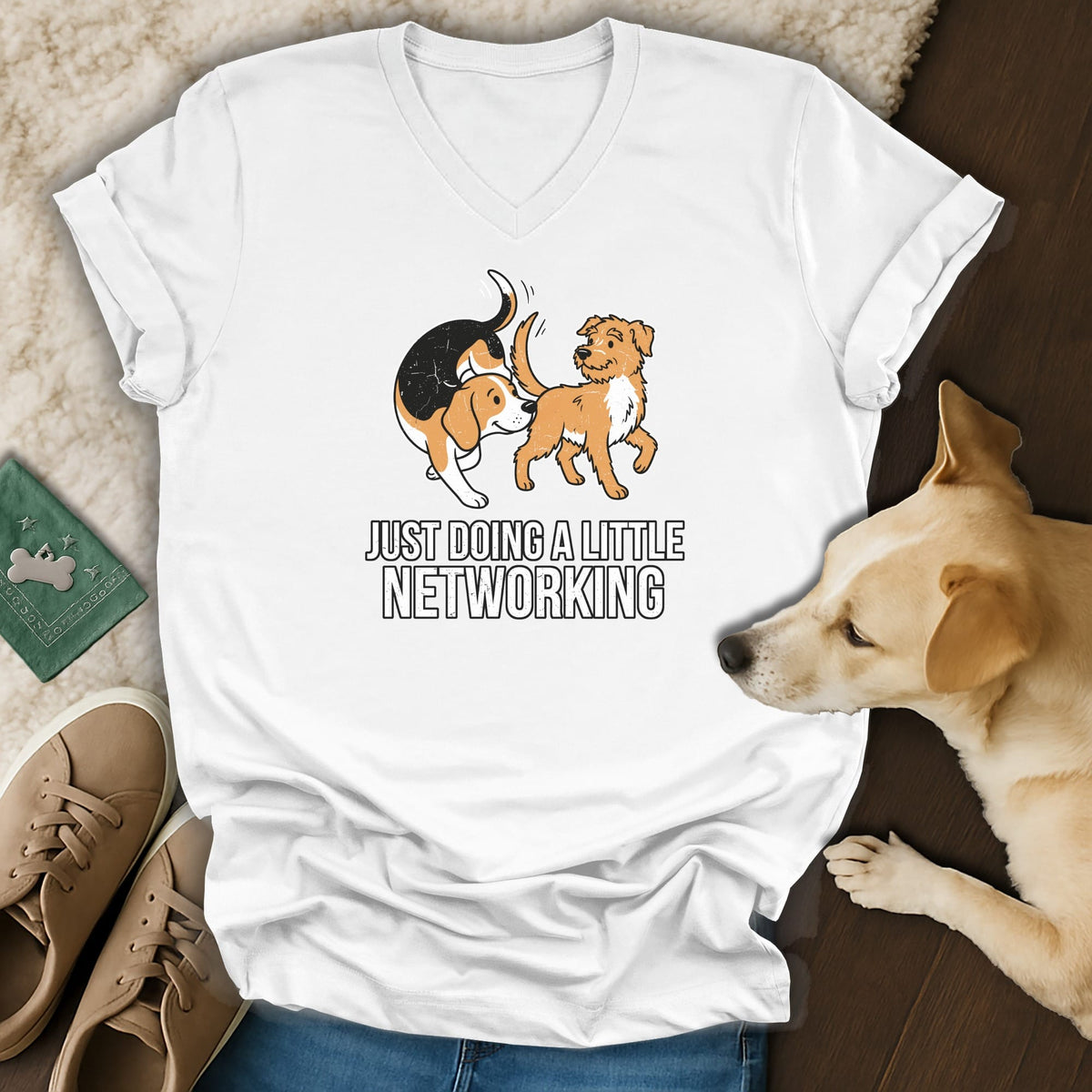 White t-shirt with dogs and text "JUST DOING A LITTLE NETWORKING".
