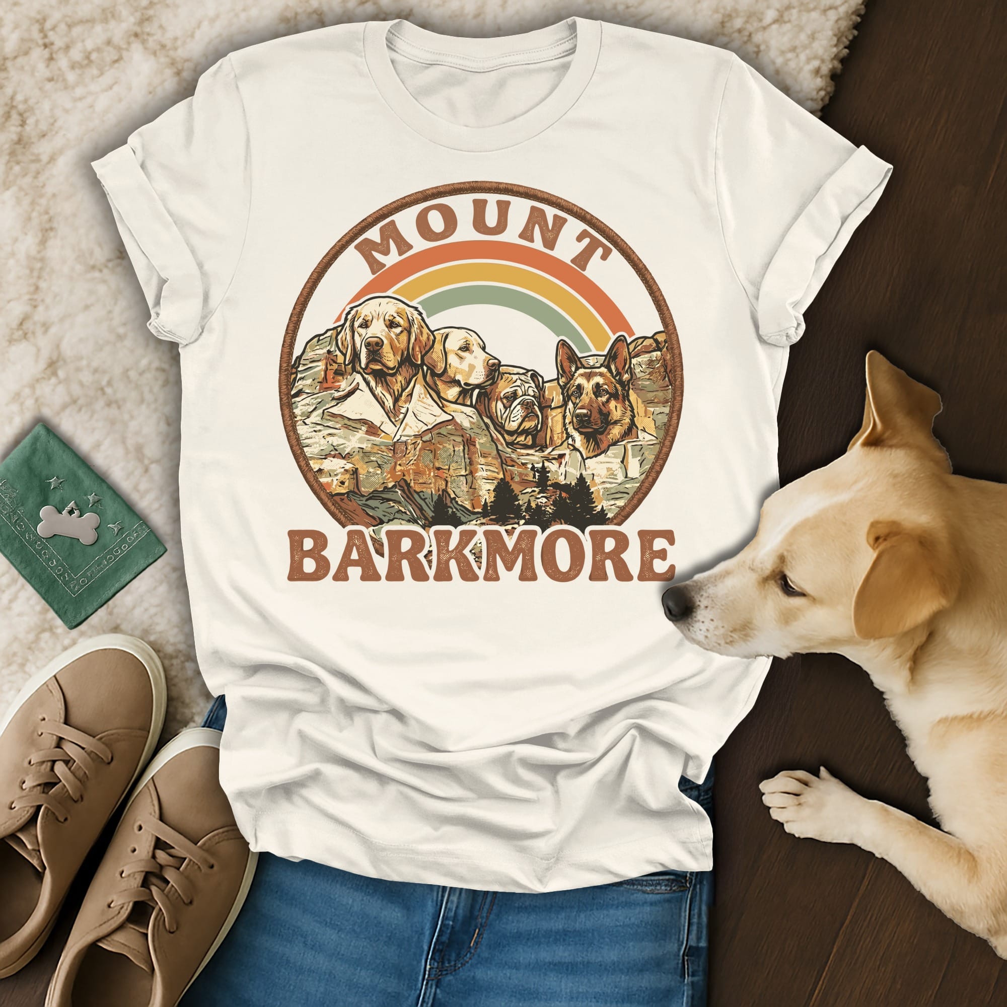 Mount Barkmore vintage dog graphic t-shirt with rainbow and dogs.