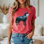 Red t-shirt with a husky silhouette filled with a mountain landscape and floral pattern.