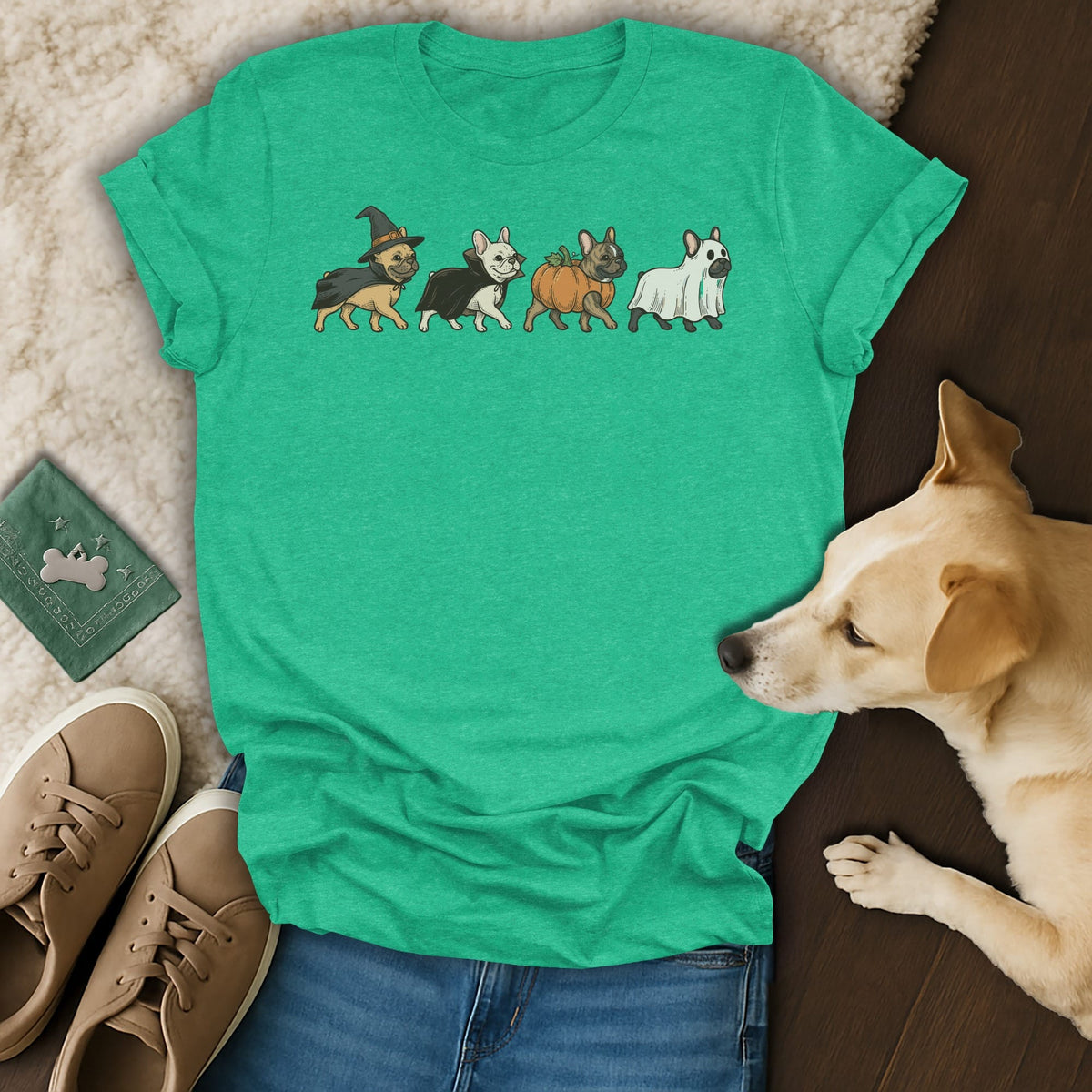 Green t-shirt with four French bulldogs in Halloween costumes: witch, vampire, pumpkin, ghost.