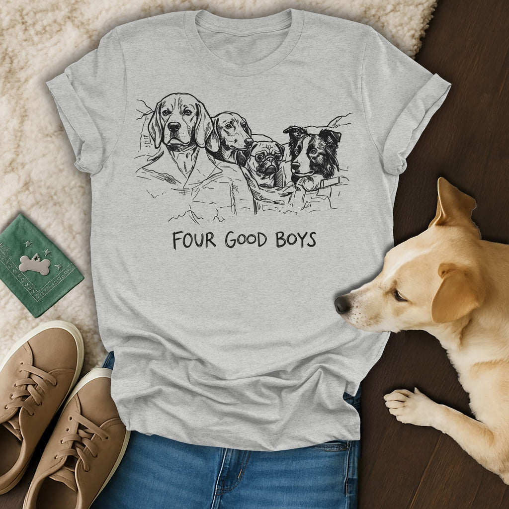 T-shirt with line drawing of four dogs and text "FOUR GOOD BOYS".