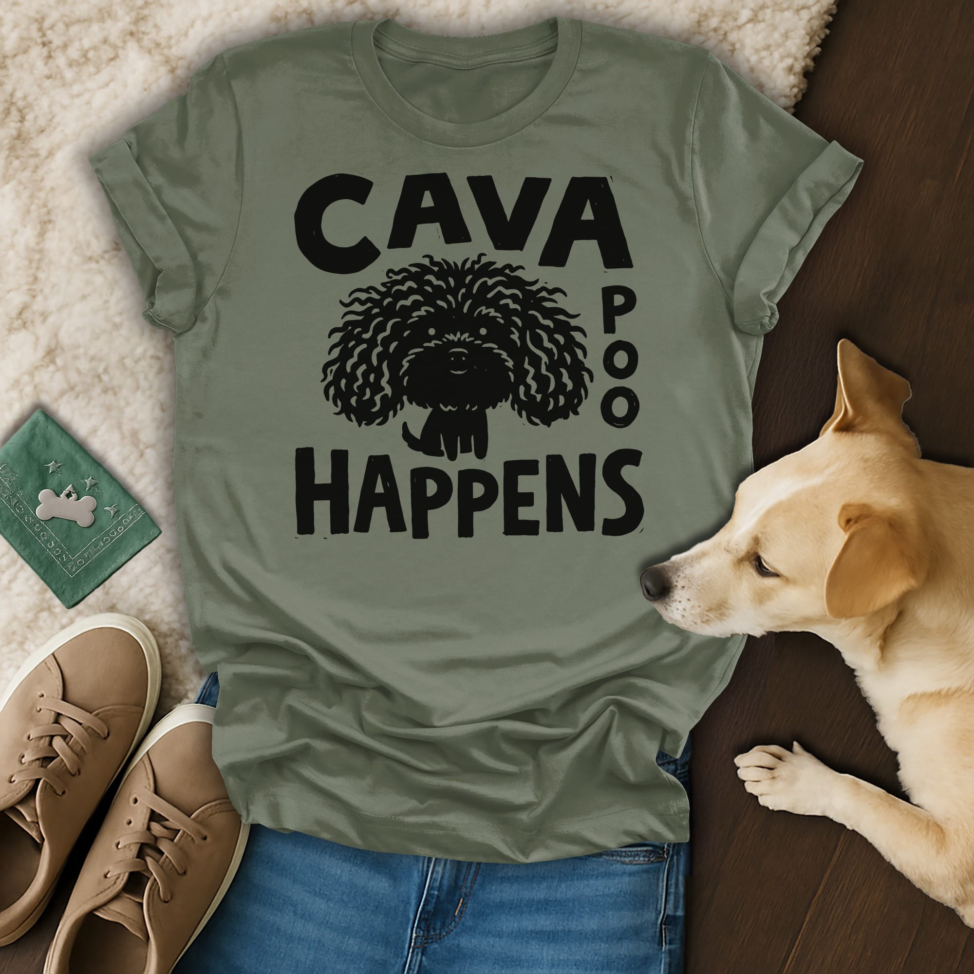 Cavapoo dog graphic on a green t-shirt, saying "Cavapoo Happens".