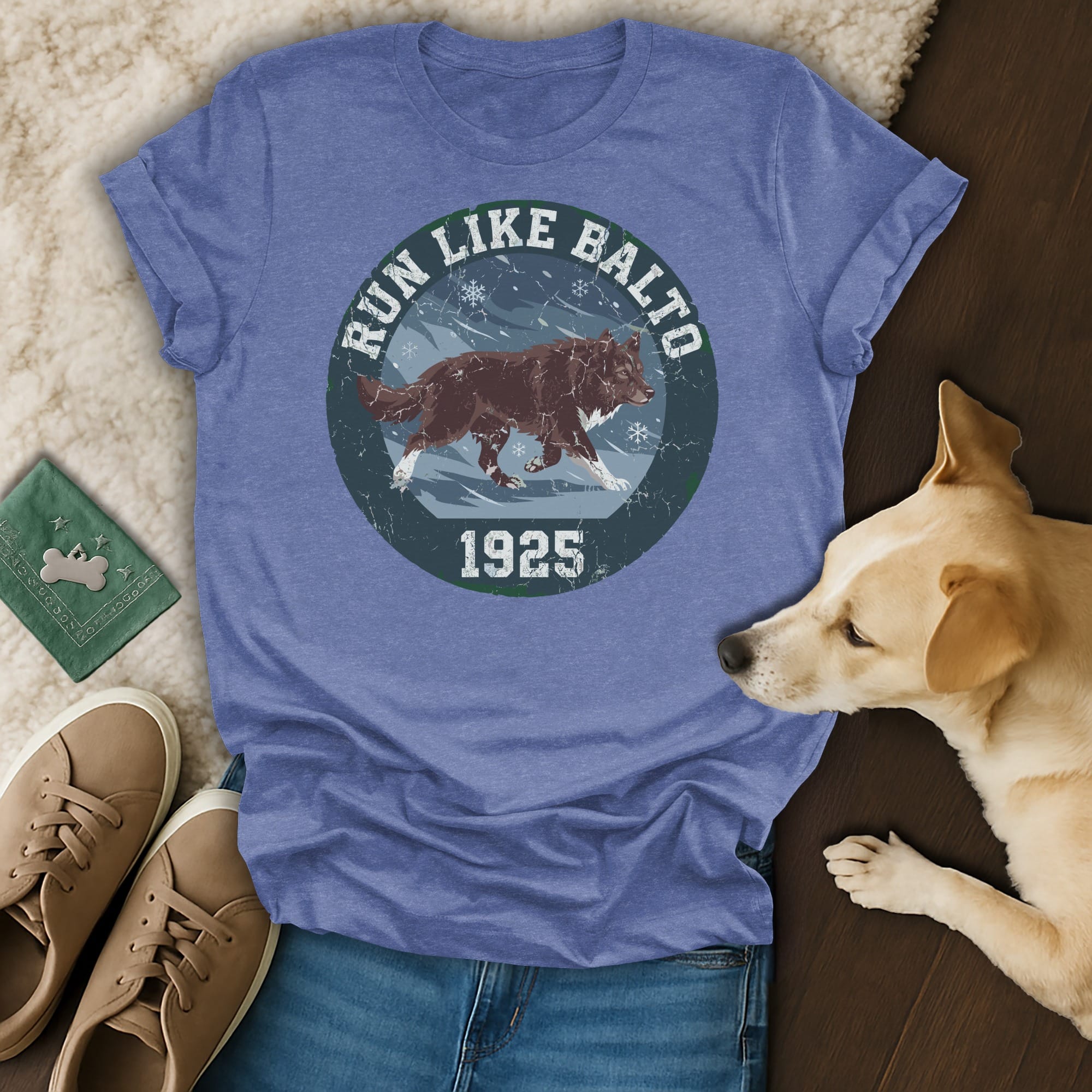 T-shirt with dog illustration, "Run Like Balto 1925" text.