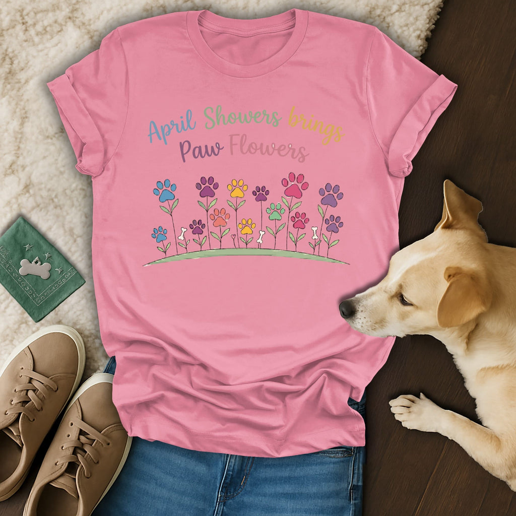 Pink t-shirt with "April Showers Brings Paw Flowers" text and floral paw print design.
