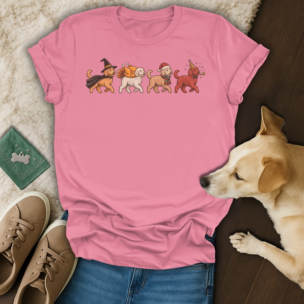 Pink t-shirt with cartoon dogs in festive costumes: witch, turkey, Santa, party.