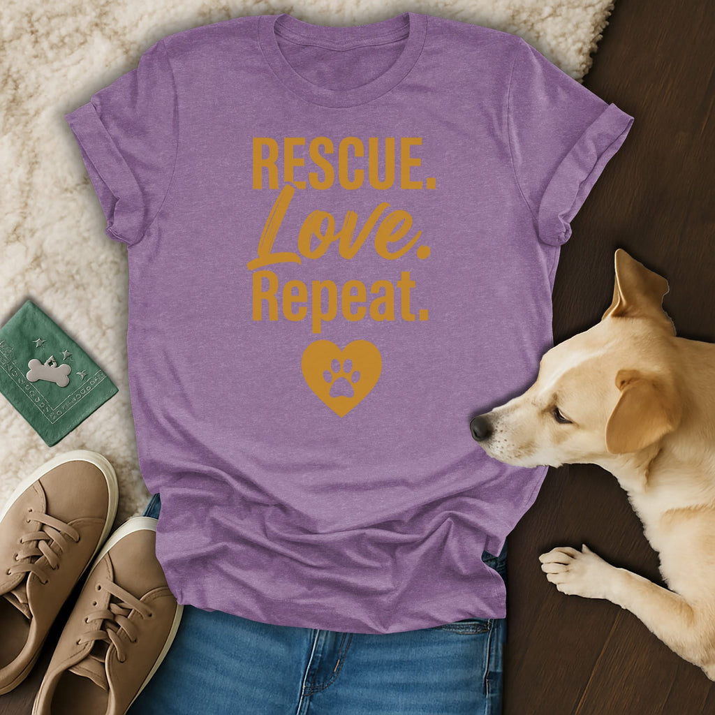 Purple t-shirt with "Rescue. Love. Repeat." and a paw print heart.
