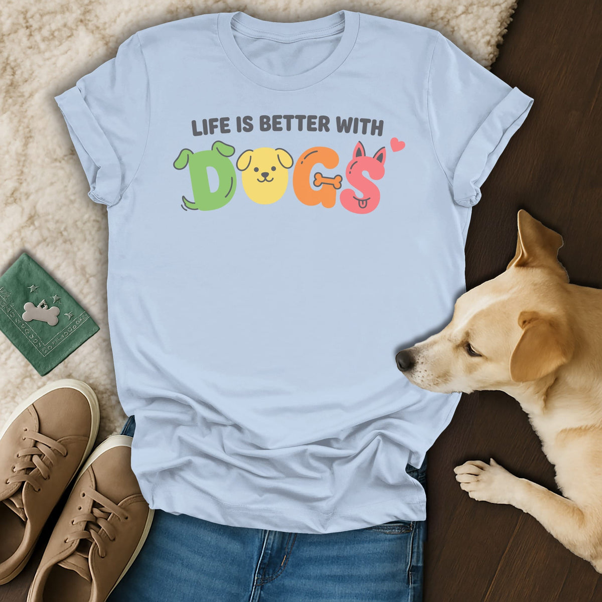Light blue t-shirt with "LIFE IS BETTER WITH DOGS" text and dog illustrations.