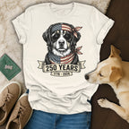 T-shirt graphic: dog wearing sunglasses and bandana, text "250 YEARS 1776 - 2026".