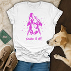 White t-shirt with pink wolf head graphic and "shake it off" text.