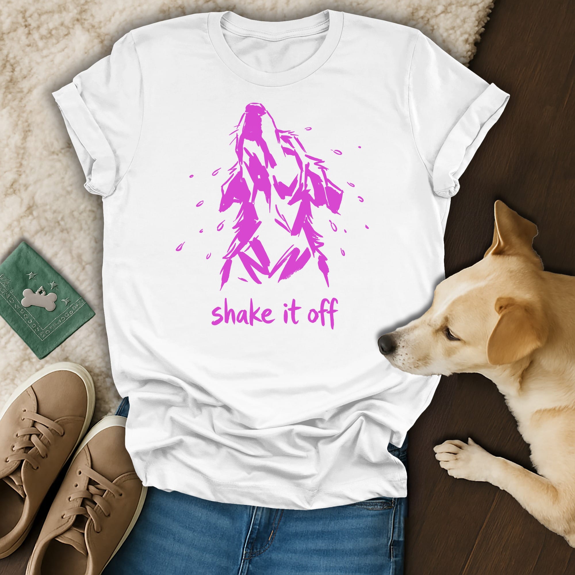 White t-shirt with pink wolf head graphic and "shake it off" text.