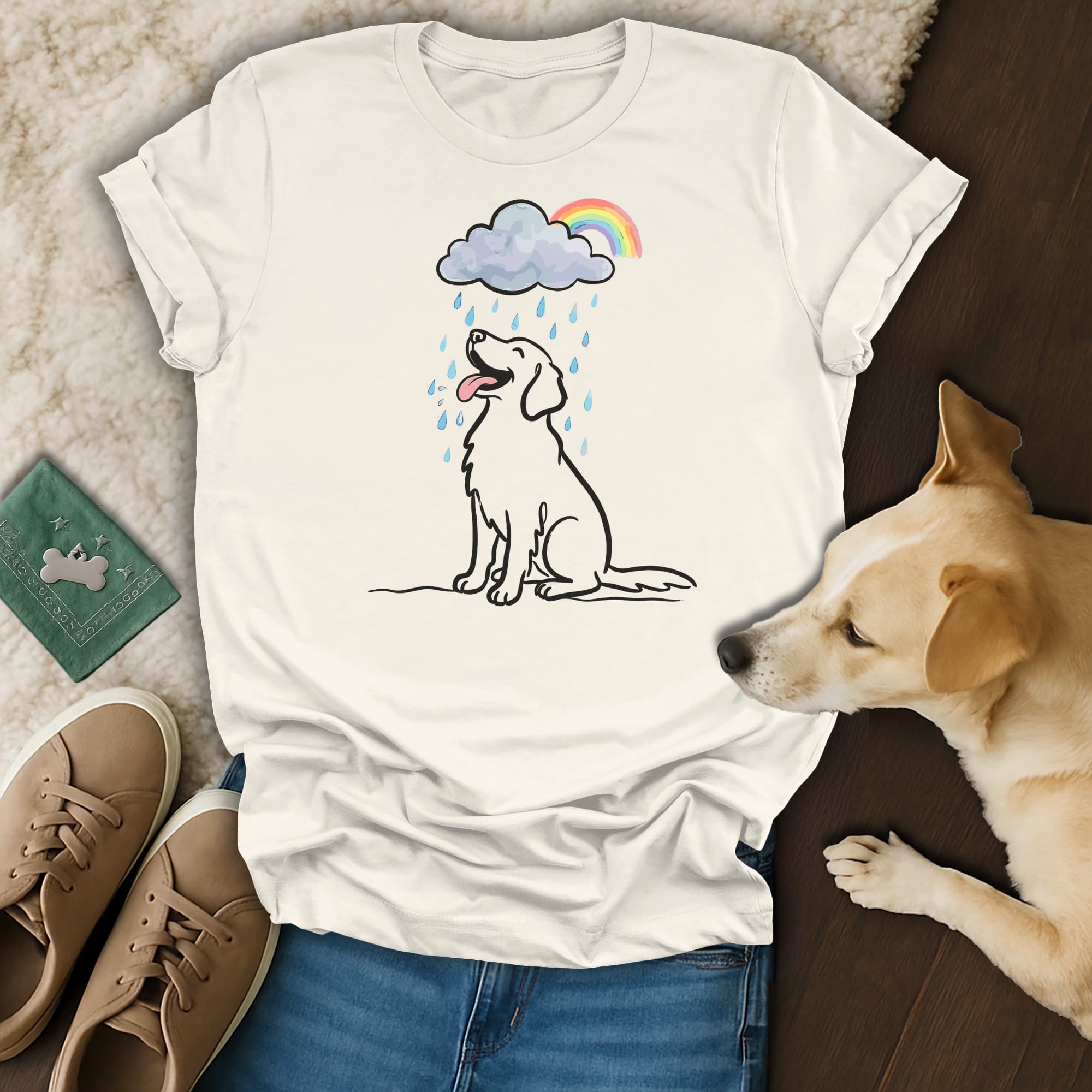 White t-shirt with line drawing of a happy dog under a rainbow cloud and rain.