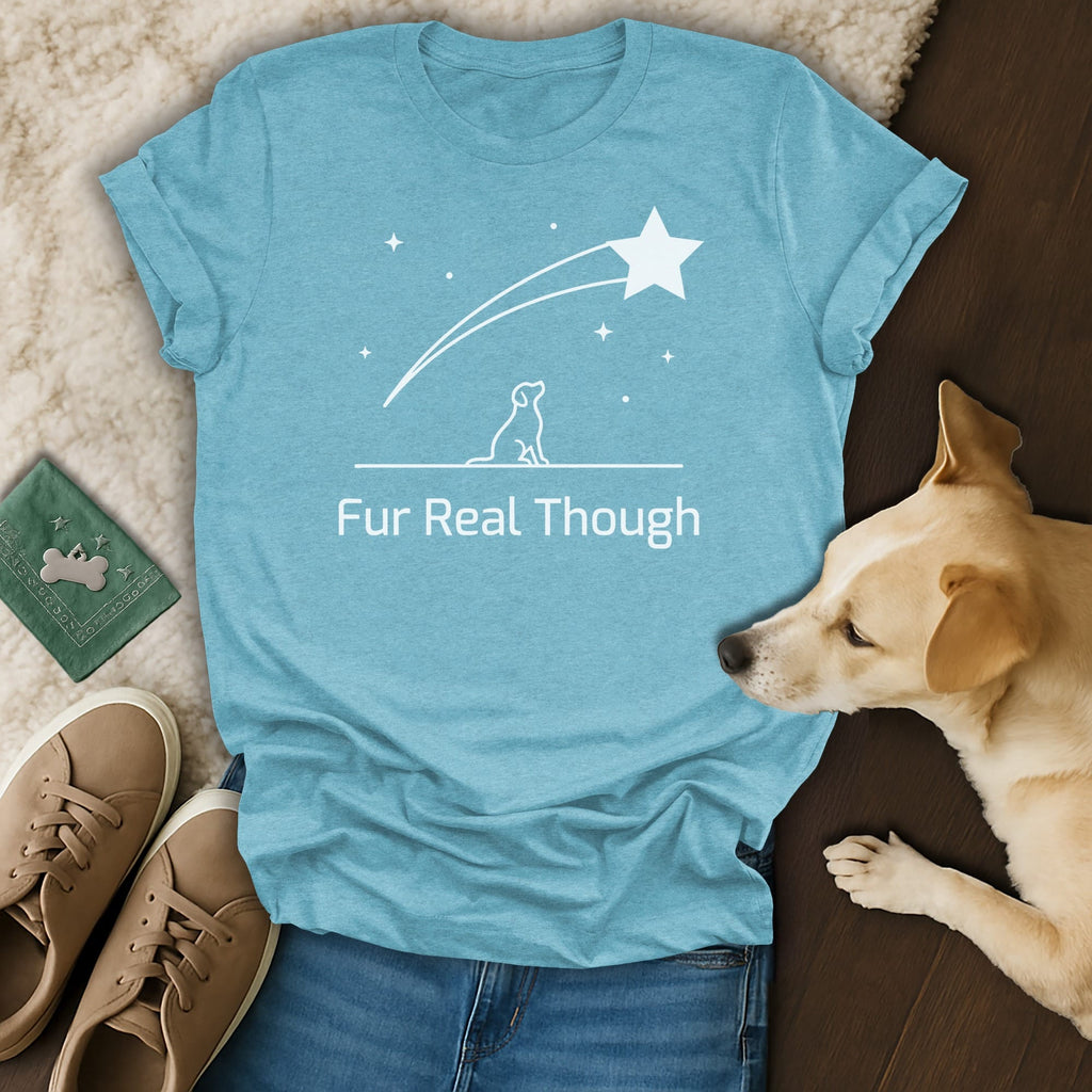 Turquoise t-shirt with "Fur Real Though" and a shooting star design.