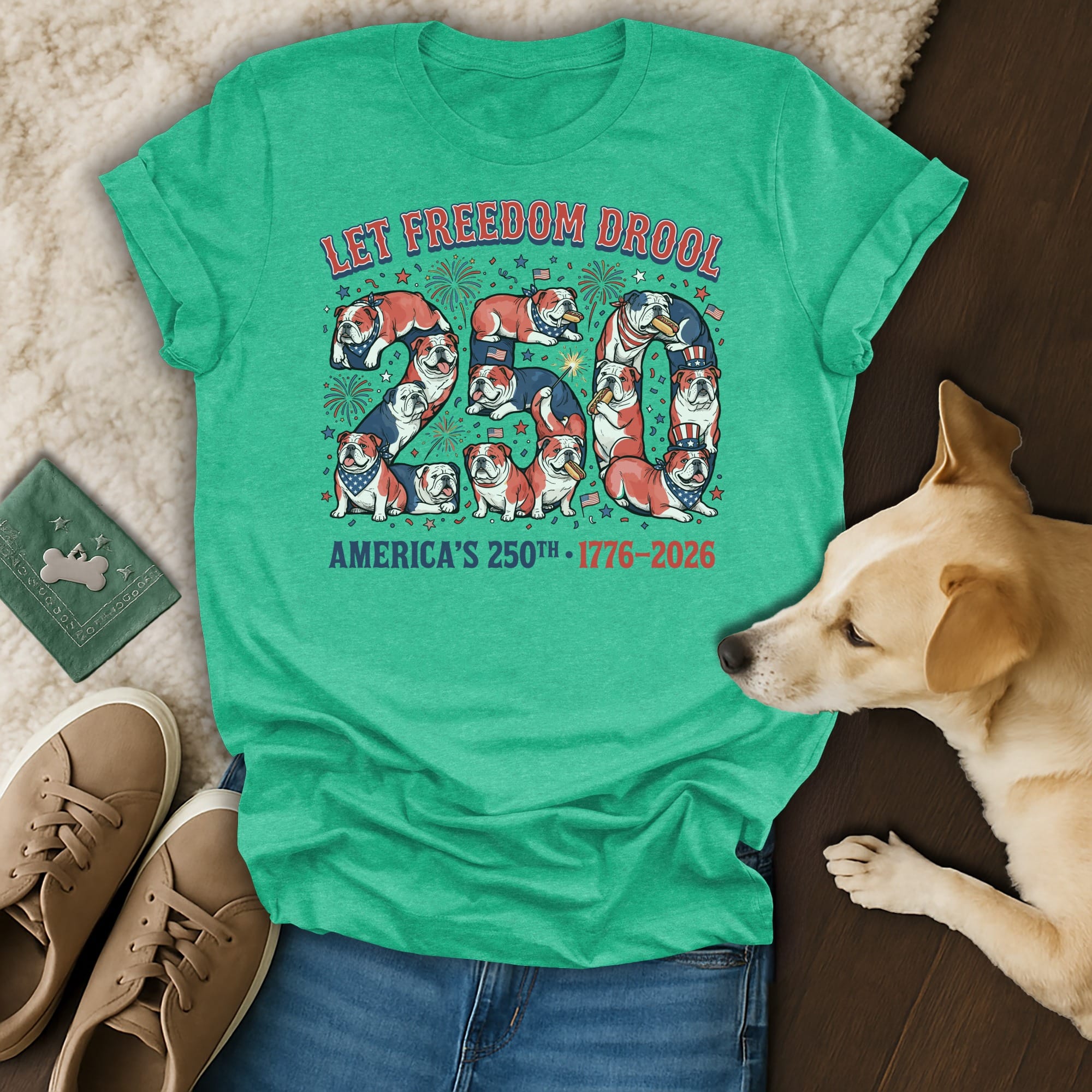 Green t-shirt with "Let Freedom Drool 250 America's 250th - 1776-2026" and bulldog graphics.