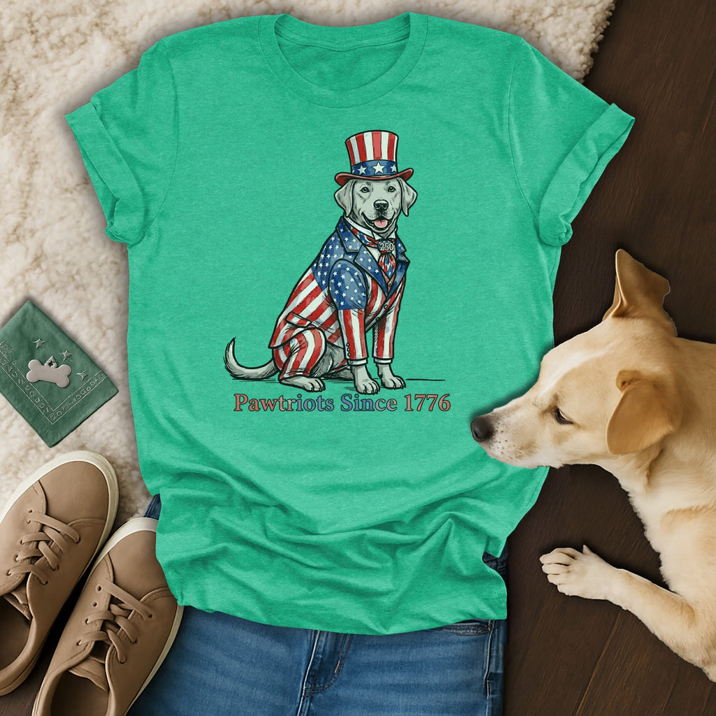 Labrador wearing patriotic suit and hat, with text "Pawtriots Since 1776".