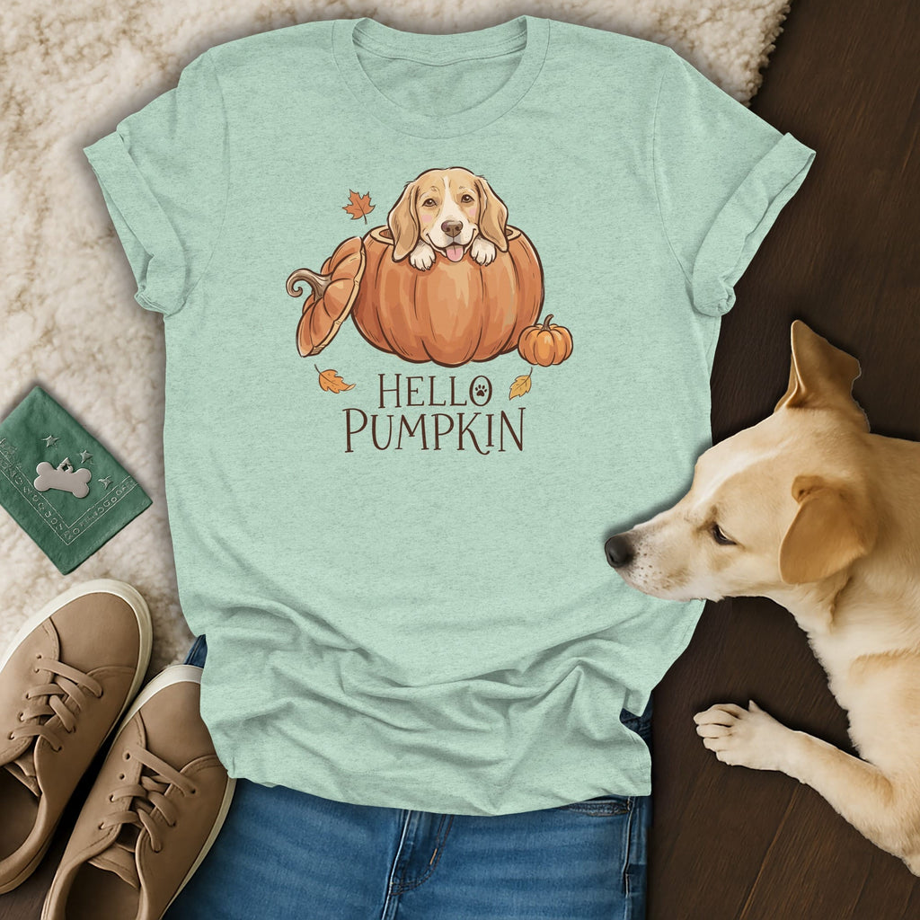 T-shirt with beagle dog in pumpkin and "Hello Pumpkin" text.