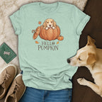 T-shirt with beagle dog in pumpkin and "Hello Pumpkin" text.