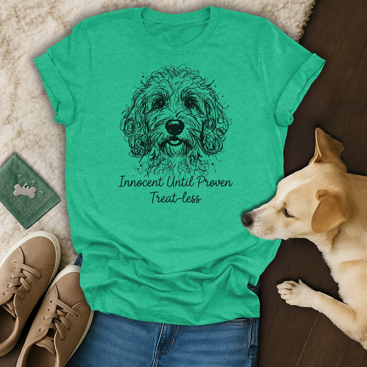 Green t-shirt with black line art dog face and text "Innocent Until Proven Treat-less".