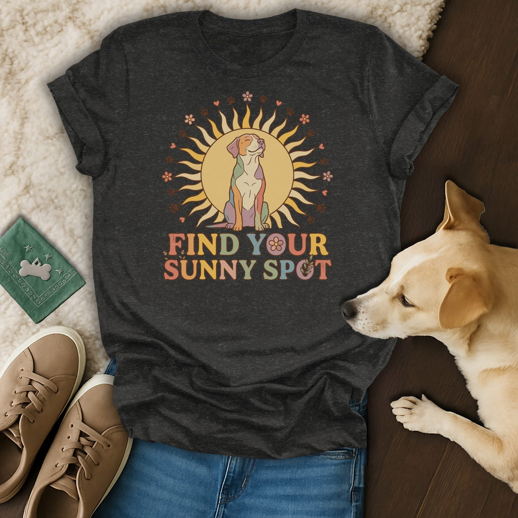 Dark grey t-shirt with a colorful dog sitting in a sun, with text "FIND YOUR SUNNY SPOT".
