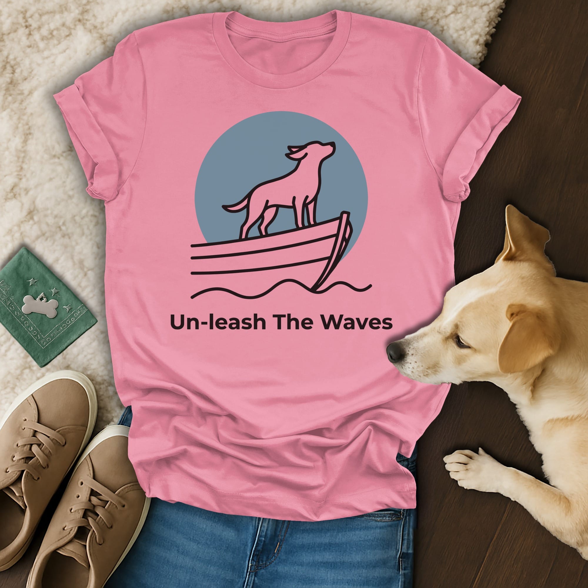 Pink t-shirt with a dog on a boat and the text "Un-leash The Waves".