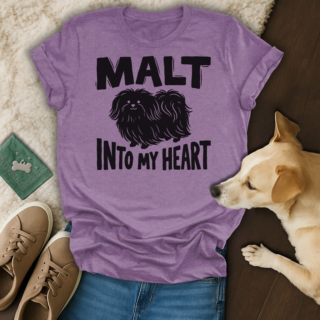 Purple t-shirt with "Malt Into My Heart" and a fluffy dog graphic.